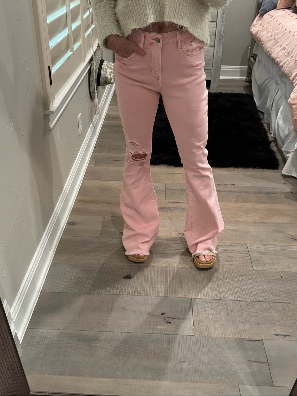 Judy Blue High-Rise Pink Flare Jeans with Distressed Knee - Picture 4 of 13